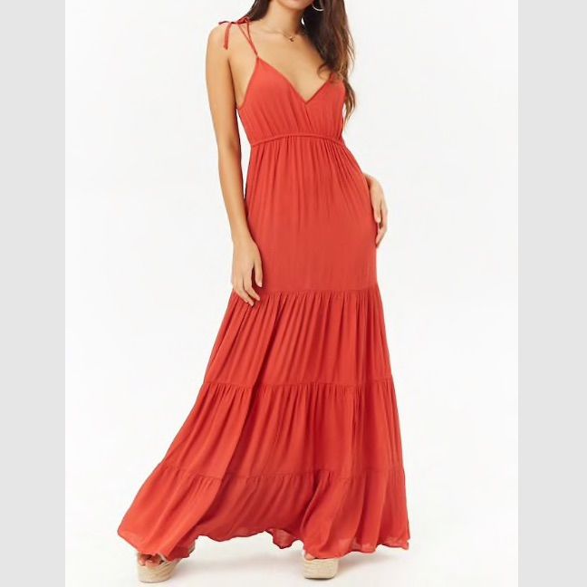 A Woven Maxi Dress Featuring A V-Neckline, Self-Tie Cami Straps, An Elasticized Waist, Shirred Tiered Seams, And A Flounce Hem. - 100% Rayon - Hand Wash Cold Red V-neck Maxi Dress With Tie Back, Red Tie Back Maxi Dress For Brunch, Red V-neck Dress With Tie Back, Red Lace Maxi Dress, Orange Bridesmaid Dresses, Solid Maxi Dress, Tie Maxi Dress, Cami Maxi Dress, Red Maxi