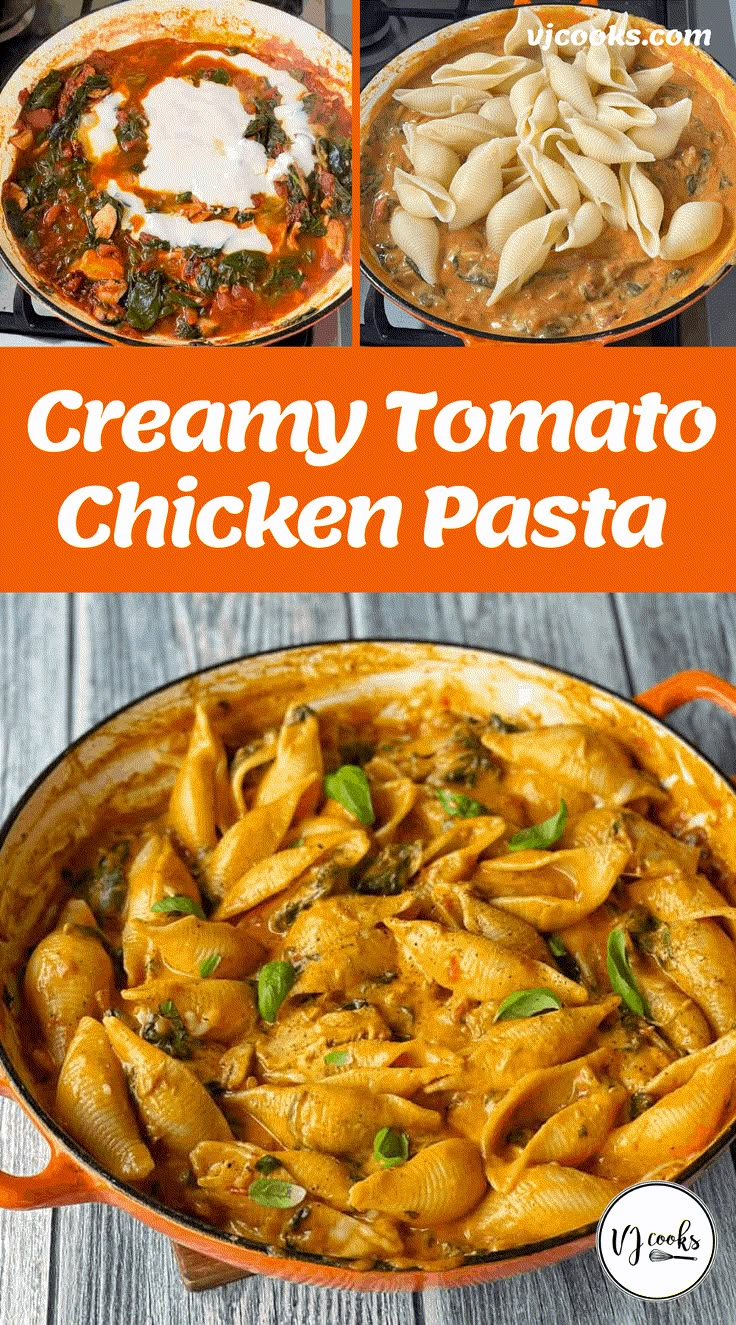 creamy tomato chicken pasta with spinach and parmesan cheese is an easy weeknight dinner