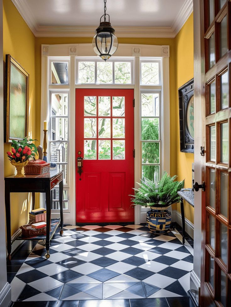 Small Entryway Ideas: Classic Checkered Flooring and Red Door Red Front Door Decor, Statement Entryway, Apartment Front Door, Small Apartment Entryway, Red Entryway, Checkered Flooring, Apartment Front Doors, Small Entryway Ideas, Tiny Entryway