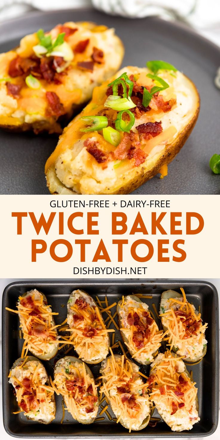 Collage of images of twice baked potatoes Gluten Free Twice Baked Potatoes, Twice Baked Potatoes Dairy Free, Gluten Free Dairy Free Sides, Gluten Free Potato Recipes, Loaded Twice Baked Potatoes, Stuffed Potato Skins, Twice Baked Mashed Potatoes, Easy Twice Baked Potatoes, Healthy Appetizers Recipes