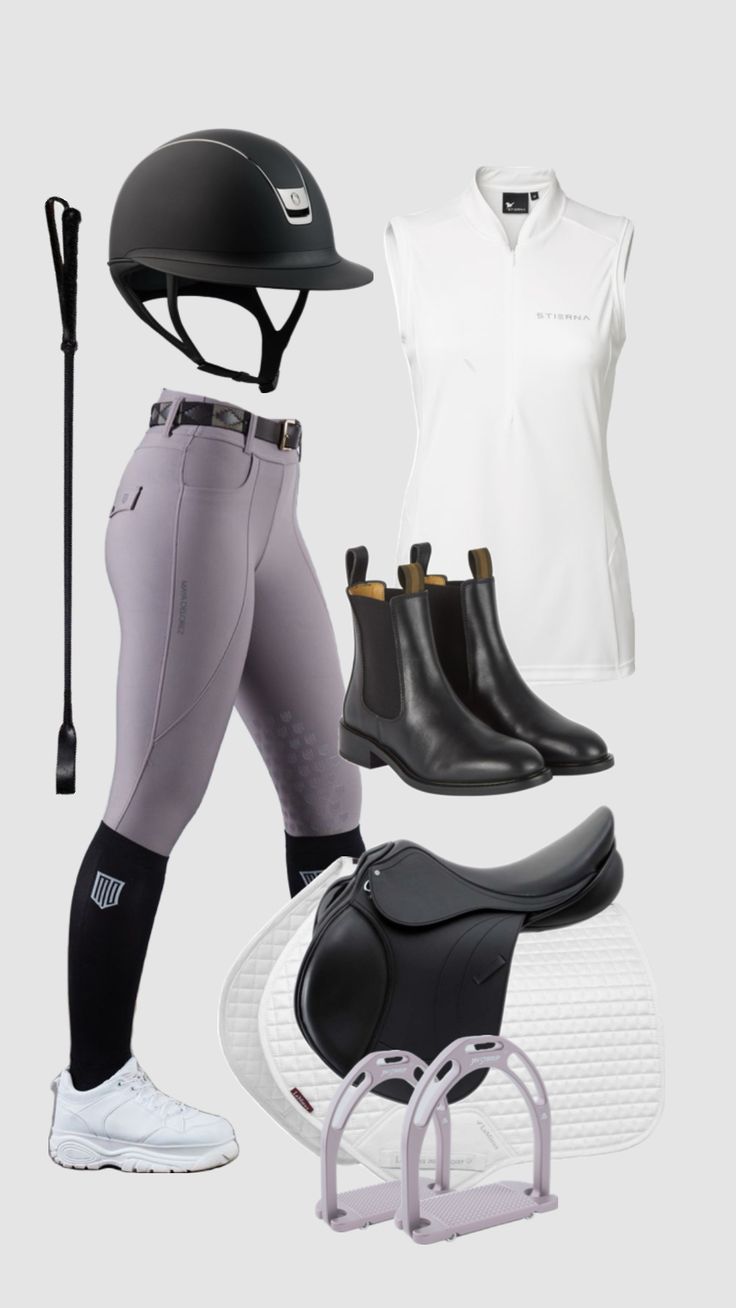 equestrian gear including riding boots, helmet and stirs are shown in the image above