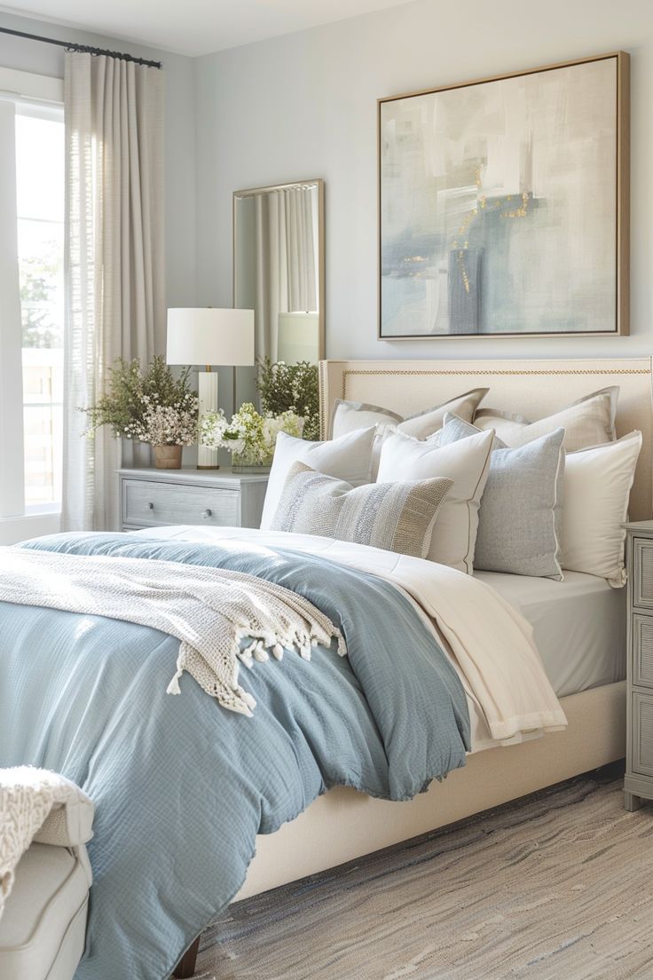 Transform Your Bedroom into a Serene Sanctuary: Modern & Chic Decor Ideas Off White And Blue Bedroom, Blue Gray And White Bedroom Ideas, Powder Blue And Beige Bedroom, Serene Primary Bedroom, Light Blue Accent Bedroom, Light Blue Master Bed, Calm Blue Bedroom Ideas, Transitional Blue Bedroom, Cozy Bedroom Ideas Blue