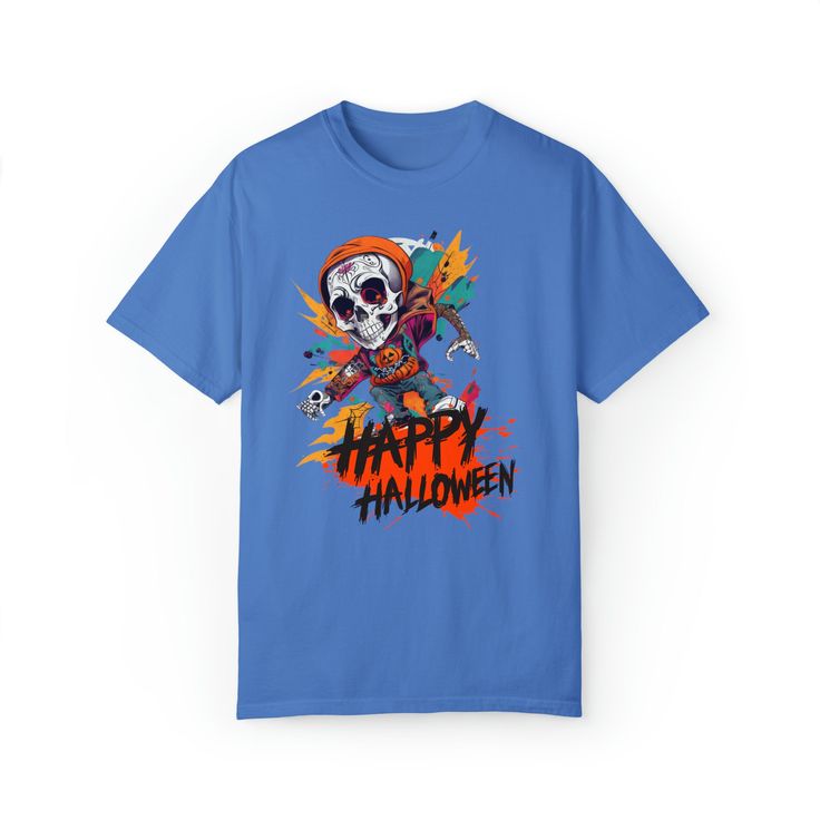 Get ready to haunt in style on Halloween with our unique t-shirt! Our exclusive design will make you the life of the Halloween party, you will be the center of attention and the most popular with this design that does not go unnoticed! But that's not all, our t-shirt is simply spectacular! It is printed on a high-quality unisex t-shirt, made from heavyweight cotton that ensures comfort and durability. It cannot be missing from your wardrobe, as it is always in fashion and in tune with the casual Day Of The Dead Skull Print Short Sleeve T-shirt, Day Of The Dead Skull Print T-shirt, Blue Pre-shrunk Tops For Halloween, Halloween Graphic Tee With Skull Design, Custom Print Band Merch T-shirt For Halloween, Casual Blue T-shirt With Skull Print, Halloween Band Merch T-shirt With Skull Print, Halloween Fan Merchandise T-shirt With Skull Print, Halloween Horror Skull Print T-shirt