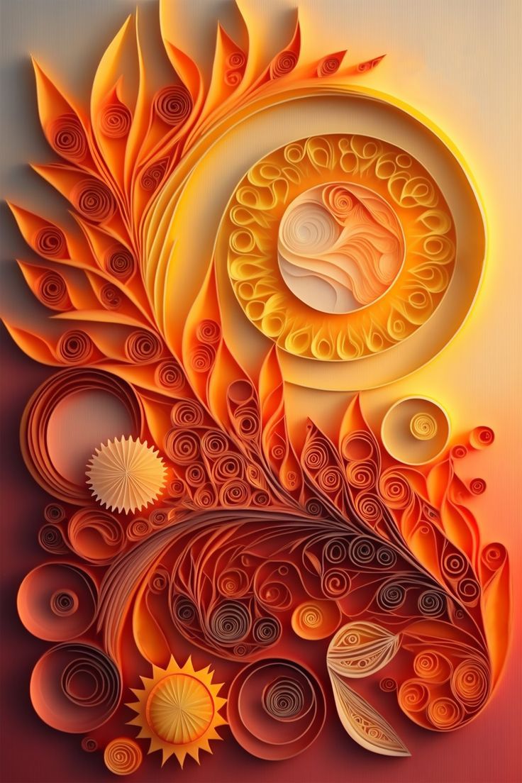 an abstract art work with orange and yellow colors on the bottom, and white circles in the middle