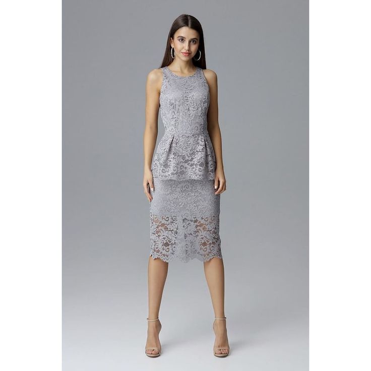 A sleeveless lace dress, a fitted top finished with a basque. The bottom of the dress is straight, lined and fastened with a concealed zipper. This is a typical model for evening occasions. Spandex 5 % Polyester 95 % Size Lenght Hips Chest Waist L 116 cm 104 cm 100 cm 82 cm M 115.5 cm 100 cm 96 cm 78 cm S 115 cm 96 cm 92 cm 74 cm XL 115.5 cm 108 cm 104 cm 86 cm Sleeveless Mini Dress With Lace Bodice For Date Night, Sleeveless Mini Dress With Lace Bodice, Summer Party Midi Dress With Lace Top, Feminine Sleeveless Cocktail Dress, Feminine Sleeveless Evening Dress For Party, Feminine Sleeveless Cocktail Evening Dress, Elegant Peplum Midi Dress For Party, Party Lace Top Knee-length Dress, Party Knee-length Dress With Lace Top