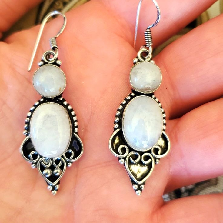 Brand New Handmade Rainbow Moonstone Silver Earrings. 925 Stamped 2 1/4" New To Poshmark? Use Referral Code Kimberlyn222 To Receive $10. White Stamped 925 Dangle Jewelry, White Oval Moonstone Earrings, White Moonstone Earrings With Natural Stones, White Moonstone Earrings, White Moonstone Jewelry Stamped 925, White Sterling Silver Earrings With Natural Stones, White Moonstone Dangle Earrings, White Moonstone Dangle Jewelry, White Moonstone Drop Earrings