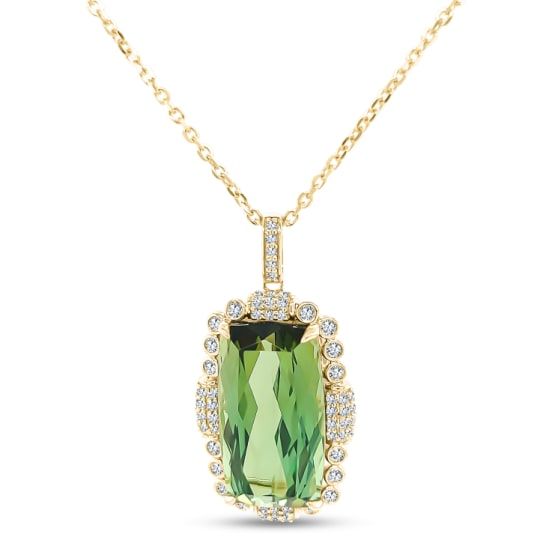 14K Yellow Gold Green Tourmaline and Diamond Pendant with Chain 13.76ctw.  Chain is 18 inches and 1.5mm thick and has a spring ring closure. Green Tourmaline Necklace In Fine Jewelry Style, Formal Green Tourmaline Necklace, Elegant Green Tourmaline Necklaces, Elegant Green Tourmaline Necklace, Green Cushions, Sparkly Jewelry, Tourmaline Pendant, Pendant With Chain, Green Tourmaline