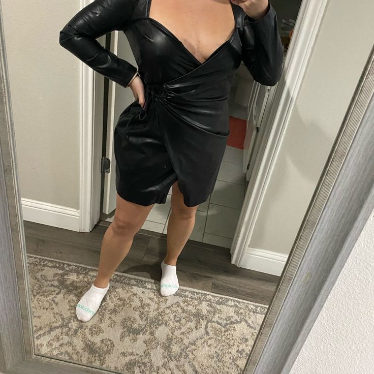 Zara Black Faux Leather Crossover Dress Nwt 9217/322/800 Size Large- New With Tags Gorgeous! Bloggers Favorite Crossover Dress, Black Wrap, Leather Dress, Zara Black, Zara Dresses, Black Faux Leather, Crossover, Colorful Dresses, Faux Leather