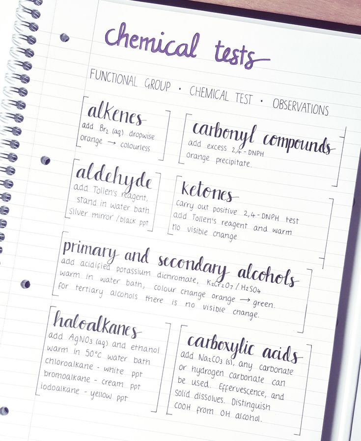 a notebook with some writing on it and the words chemical tests written in cursive ink