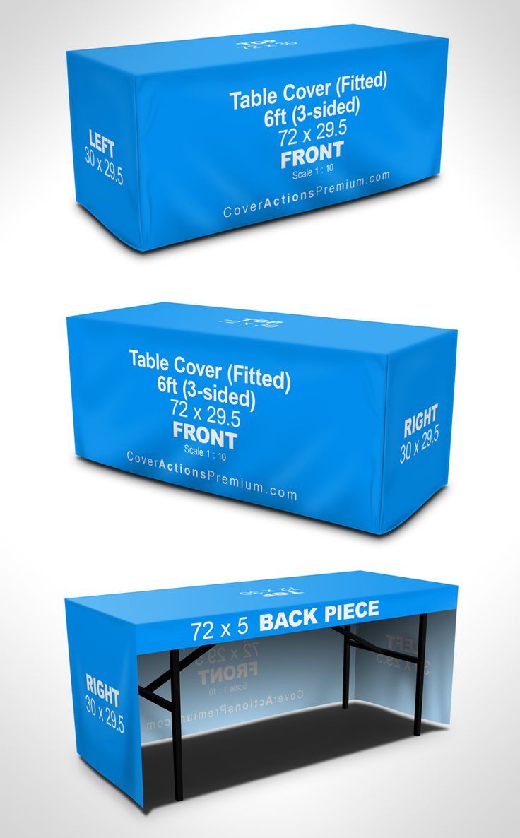 three different views of a table covered with blue plastic material, one showing the front and back sides