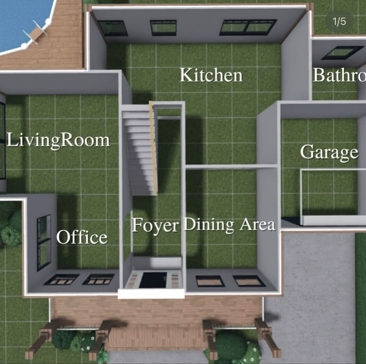 an overhead view of a house with all the rooms labeled in it, including kitchen, living room, and dining area