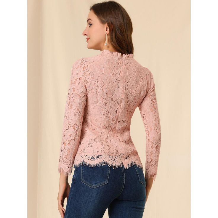 Add a bit of femininity to your look with the ruffle round-neck lace top. It features a long sleeve form, a ruffle neck, and lace fabric. It perfectly matches everyday jeans and skirts for a weekend casual look. A lace top puts a feminine spin on any day or night look with a charming feminine silhouette. Good options for parties, sweet dating, shopping, festivals, banquets, office outfits, casual wear, and daily outfits. Pink Ruffled Lace Top, Pink Lace Top With Ruffles, Elegant Long Sleeve Lace Top, Long Sleeve Scalloped Lace Top, Fitted Feminine Long Sleeve Top, Feminine Long Sleeve Lace Top, Pink Long Sleeve Lace Top Blouse, Pink Long Sleeve Blouse With Lace Collar, Pink Long Sleeve Tops With Lace Patchwork