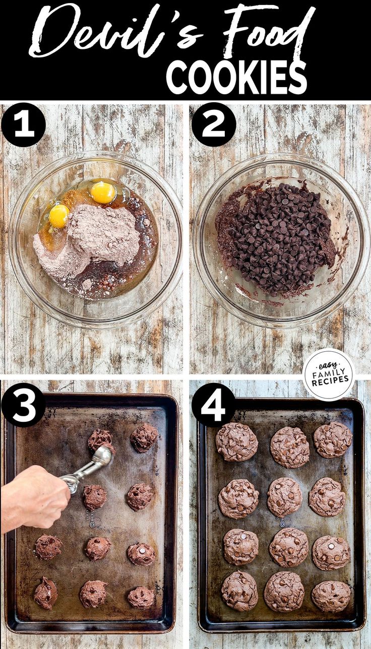 the steps to make chocolate cookies in a glass bowl on top of a wooden table