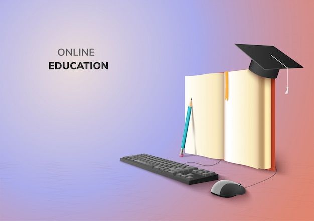 a computer keyboard, mouse and book with the words online education written on it's cover