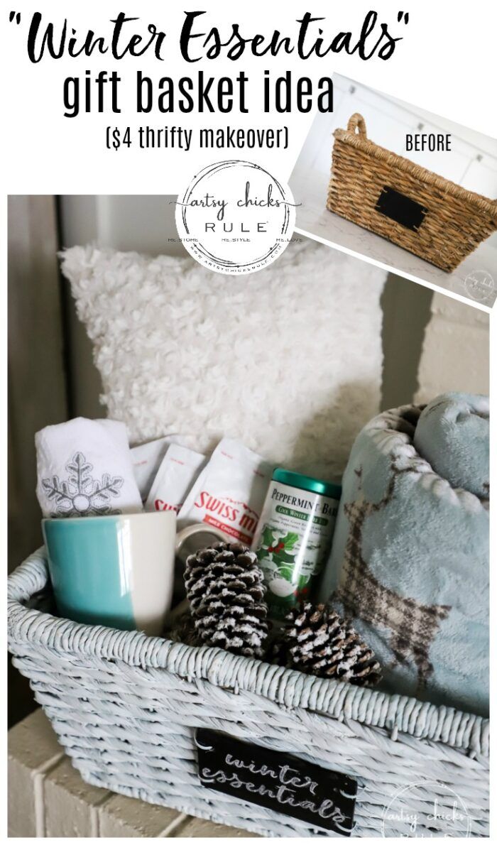 a white basket filled with items and the words winter essentials gift basket idea