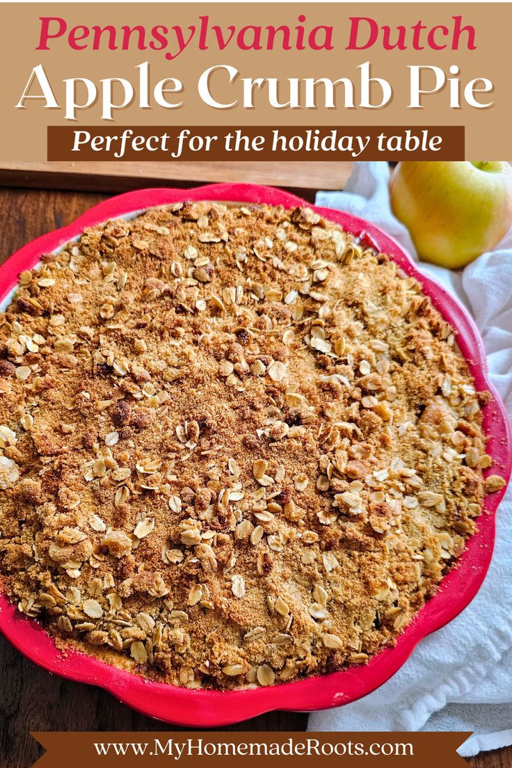 an apple crumb pie in a red dish on top of a wooden table