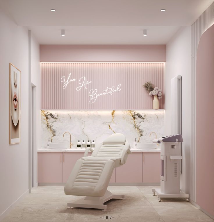 a white chair sitting in the middle of a room next to a sink and counter