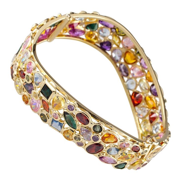 18 Karat Yellow Gold Multicolored Gemstone Bangle Bracelet 22k Gold Bangles, Gemstone Bangle Bracelets, Modern Bangle, Ruby Bangles, White Gold Bangle, Colored Gemstones, Yellow Gold Bangle, Gemstone Bangle, Pearl Bangle