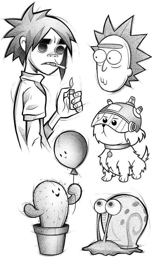 some cartoon characters with their faces drawn in black and white, one is holding an ice cream