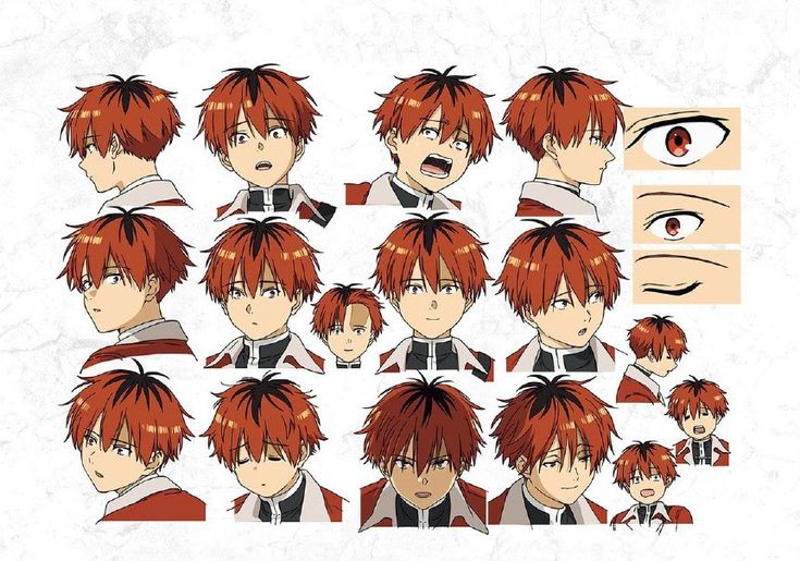 an anime character with red hair and various facial expressions, including the eyes and head