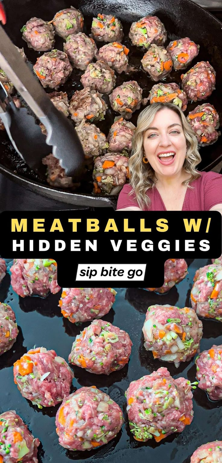 a woman cooking meatballs in a skillet with the words meatballs w / hidden veggies above it