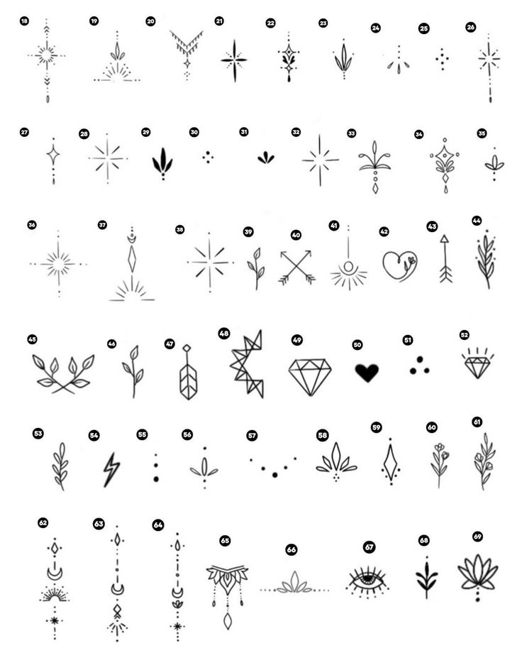 an assortment of different tattoo designs on a white background with black dots and lines in the middle