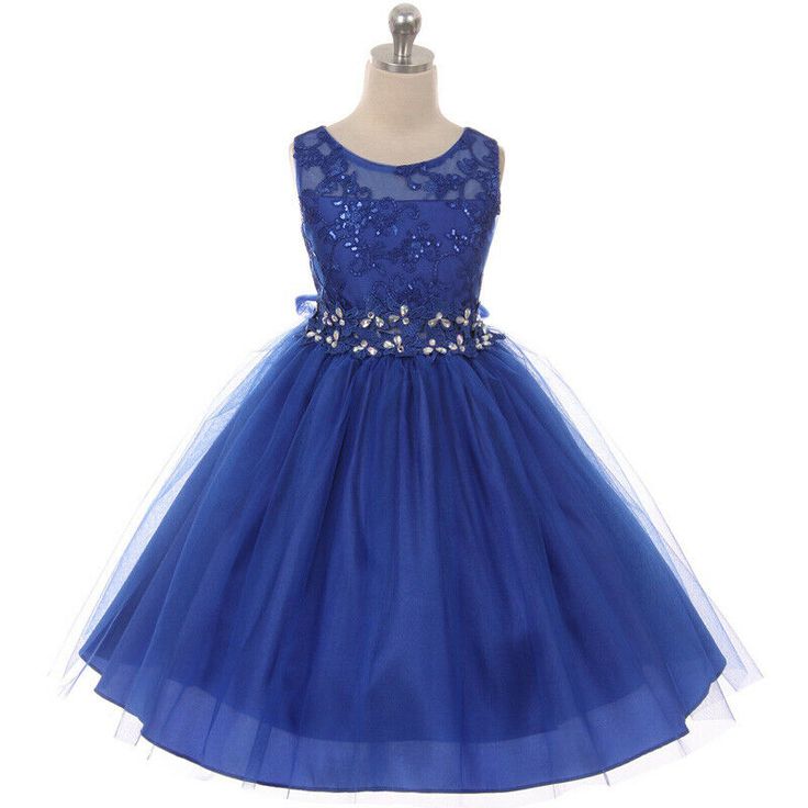 Elegant Blue Birthday Dress, Elegant Blue Dress For Birthday, Blue Floral Applique Dress For Dress-up, Blue Tulle Dress With Floral Applique, Blue Floral Applique Wedding Dress, Blue Wedding Dress With Floral Applique, Sleeveless Blue Tutu Dress For Party, Elegant Blue Princess Dress For Dress-up, Sleeveless Blue Birthday Dress