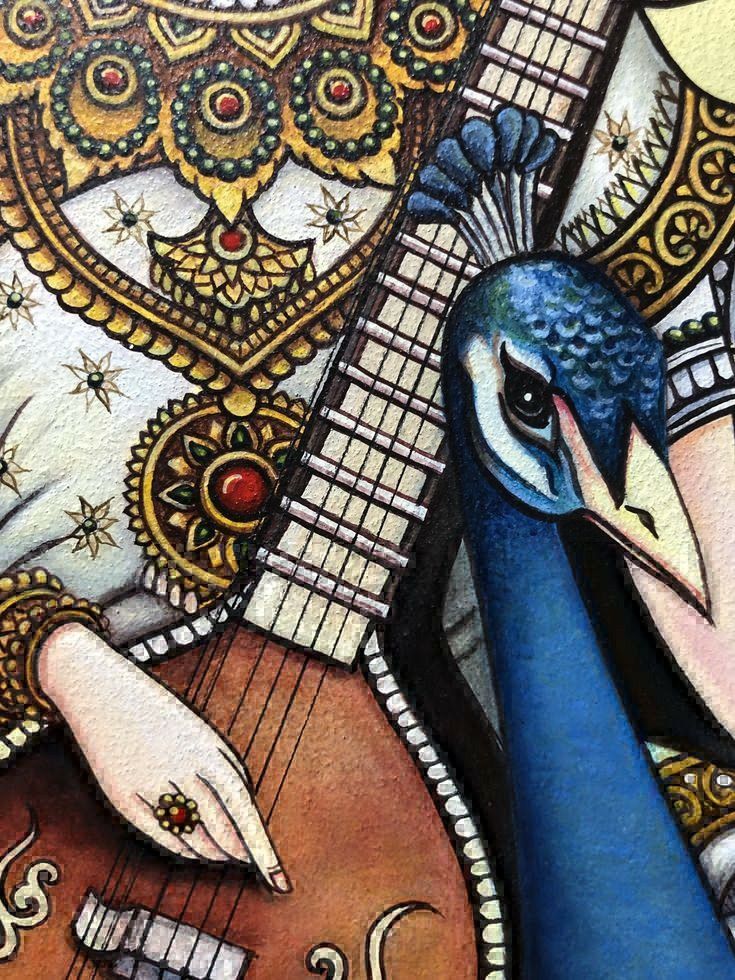 a painting of a peacock holding a guitar