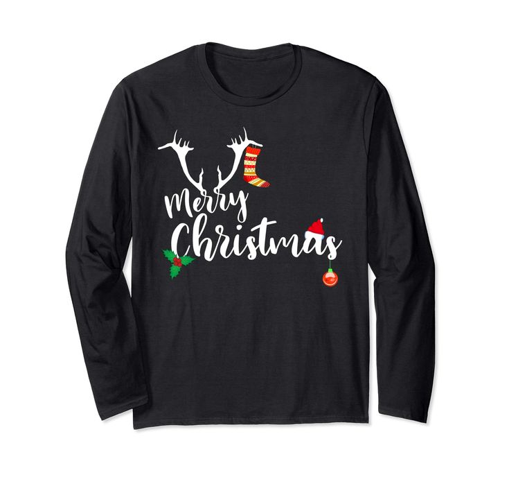 merry christmas long sleeve t - shirt with santa hat and reindeer head on it's chest