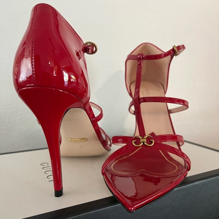 Never Worn. Original Packaging. Gucci Red Heels For Evening, Red Gucci Heels For Evening, Gucci Red Heels With Branded Heel Counter, Gucci Leather Heels With Red Sole, Gucci Red Leather Heels, Red Gucci Leather Heels, Gucci Pointed Toe Heels With Red Sole, Gucci Patent Leather Heels With Heel Strap, Gucci Luxury Heels With Red Sole