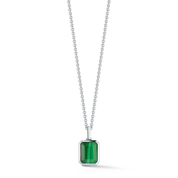 Emerald Cut Malachite Necklace Sterling Silver 4.50gm 10mm x 8mm Malachite .50" Length of Pendant 20" + 2" Chain Length Lobster Lock Made in New York Green Rectangular Pendant Necklace For Formal Occasions, Polished Finish Pendant Necklace For May Birthstone, Green Necklaces With Polished Finish For May Birthstone, Green Polished Necklace For May Birthstone, Green Polished Finish Necklace For May Birthstone, Formal Green Necklace With Rectangular Pendant, Polished Finish Pendant Necklace With May Birthstone, Malachite Jewelry Necklace, Green Polished May Birthstone Necklaces