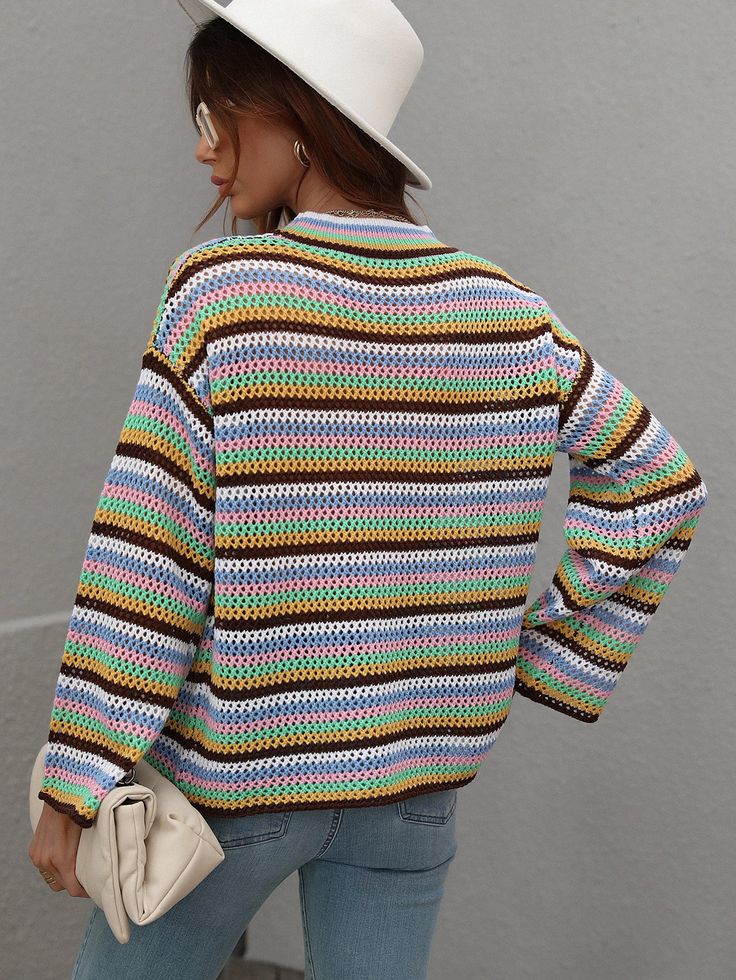 Our Lallie Top comes in a brown tone base, with a multicoloured stripe pattern. It features a crew neckline and a long straight sleeves for a relaxed, comfortable fit. This cute knit is perfect for layering during the fall months ahead! Size Guide: Tina is 5’2” tall, and has a 33.2” bust, 24.5”waist, & 36.7” hips. She is wearing a S / US 4 / AU 8. This knit top is true to size. Feature: Crochet net detail, Relaxed fit, Stripe print, Maternity friendly. Material: 100% acrylic Care Instructions: M Multicolor Ribbed Crew Neck Sweater, Brown Color Block Crew Neck Sweater, Casual Ribbed Multicolor Sweater, Crochet Net, Crochet Knit Sweater, Brown Tone, Sequin Shirt, Patriotic Shirts, Selling Clothes