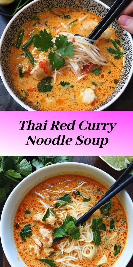 thai red curry noodle soup in a bowl with chopsticks