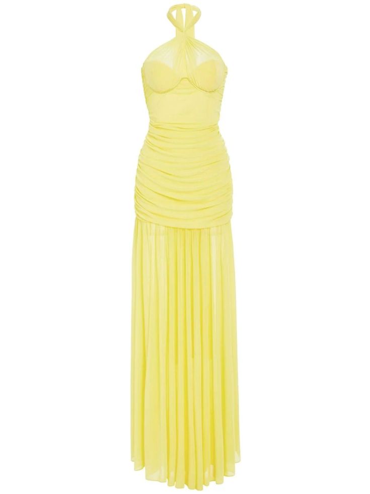 Retrofete Maisie Halterneck Dress - Farfetch Yellow Sleeveless Maxi Dress For Gala, Sleeveless Yellow Maxi Dress For Gala, Yellow Sleeveless Maxi Dress For Formal Occasions, Yellow Sleeveless Maxi Dress For Formal Events, Sleeveless Yellow Maxi Dress For Formal Occasions, Ruched Halter Neck Maxi Dress For Gala, Yellow Cocktail Maxi Dress, Formal Yellow Maxi Dress, Yellow Sleeveless Maxi Dress For Evening