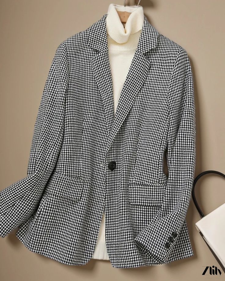 Zlily - Classic Wool Plaid Overcoat Winter Houndstooth Double-breasted Blazer, Chic Long Sleeve Fall Sport Coat, Chic Fall Sport Coat For Office, Chic Long Sleeve Sport Coat For Fall, Chic Sport Coat For Office In Fall, Spring Pea Coat With Pockets, Chic Fall Sport Coat With Pockets, Elegant Winter Houndstooth Outerwear, Winter Houndstooth Blazer With Notch Lapel