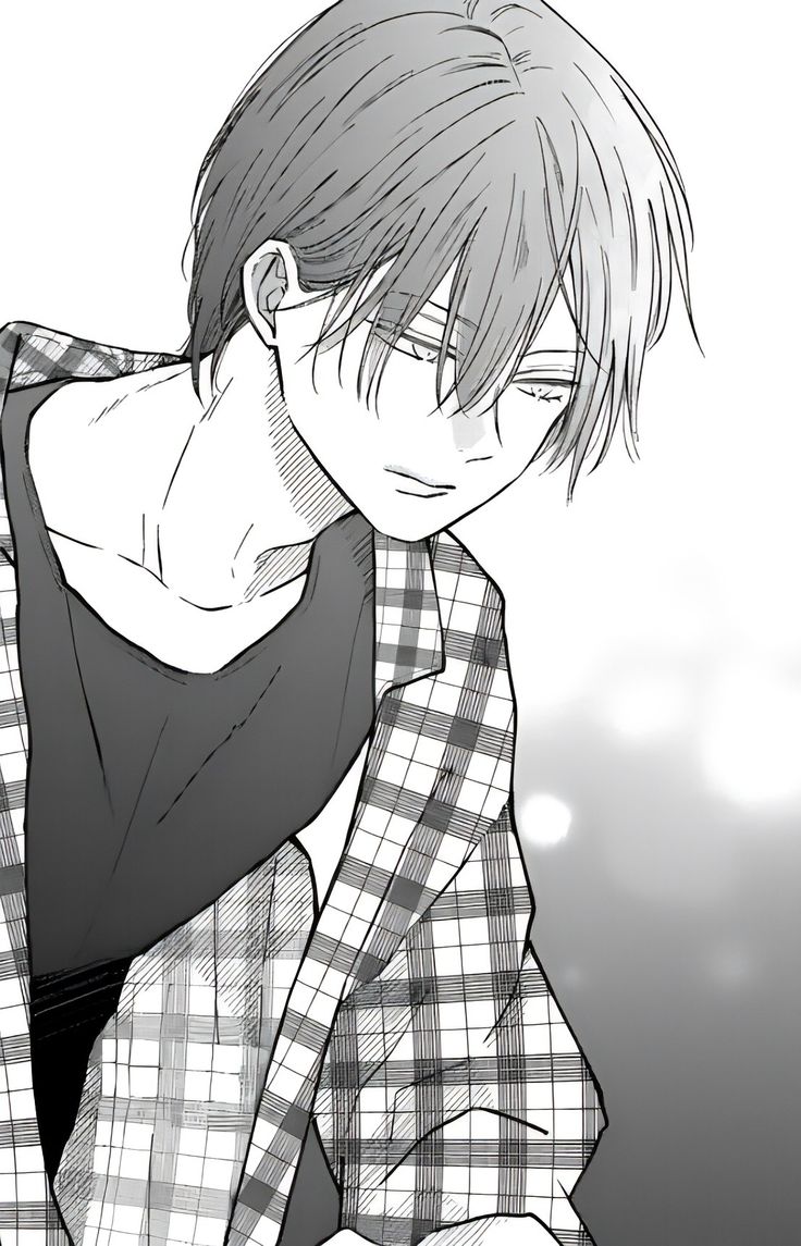 an anime boy with short hair wearing a plaid shirt