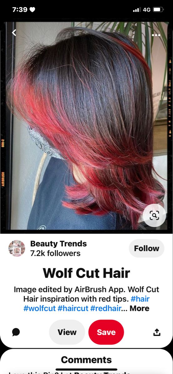 Red Dip Dye Hair, Red Wolf Cut, Red Dip Dye, Red Peekaboo, Fox Hair Dye, Wolf Cuts, Black To Red Ombre, Dyed Hair Ombre, Short Dyed Hair