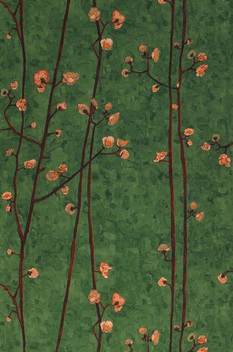 a painting of branches with flowers on them against a green background that looks like it has been painted