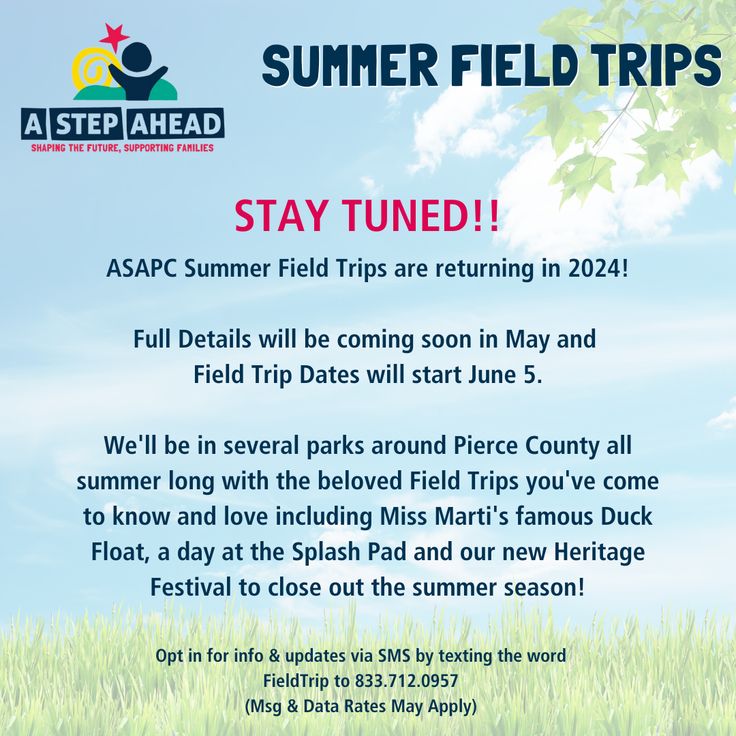 a flyer for the summer field trip with an image of grass and trees in the background