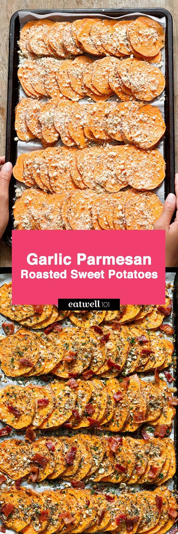 garlic parmesan roasted sweet potatoes on a baking sheet with text overlay that reads garlic parmesan roasted sweet potatoes