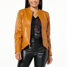 Colleen Lopez Faux Leather Jacket  A modern-day, versatile wardrobe staple, this edgy faux leather jacket adds an effortless cool-girl vibe to all your workday-to-weekend looks. Leather Jacket With Zipper Closure For Work, Trendy Faux Leather Biker Jacket For Work, Trendy Spring Leather Jacket With Faux Pockets, Faux Leather Biker Jacket For Work In Fall, Chic Faux Leather Jacket With Zipper, Fall Leather Jacket With Zipper For Work, Chic Brown Biker Jacket For Work, Sleek Faux Leather Jacket, Fall Office Biker Jacket With Zipper Closure