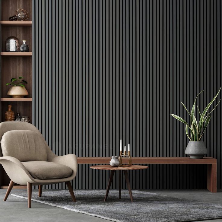 a living room with a chair, coffee table and bookshelf