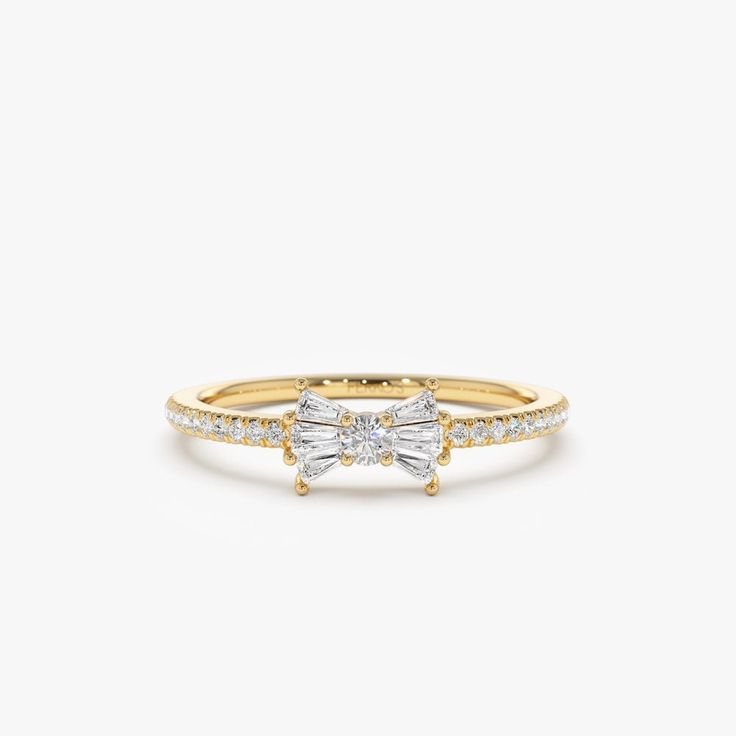 "Diamond Ring / Bow Ring / 14k Gold Baguette and Round Diamond Bow Ring / Dainty Bow Ring / Dainty Ring / Promise Ring by Ferkos Fine Jewelry Ferko's Fine Jewelry * Made to Order * Gold Kt: 14K (also available in 18K) * Available Gold Color: Rose Gold, Yellow Gold, White Gold * Round Diamonds: 22 pcs 1.0 MM * Round Diamonds: 1 pcs 2.0 MM * Baguette Diamonds: 6 pcs 2.5 x 1.4 - 2.5 x 1.3 MM * Diamond Carat Weight: 0.25 ctw * Diamond Color-Clarity: G Color VS/SI Clarity If you have any additional q Gold Baguette Cut Ring With Halo Setting, Gold Rings With Halo Setting In Baguette Cut, Yellow Gold Baguette Cut Halo Ring, White Gold Promise Ring With Baguette Diamonds, Fine Jewelry Promise Ring With Baguette Diamonds, Gold Baguette Cut Cluster Promise Ring, Dainty White Gold Ring With Baguette Diamonds, Gold Baguette Cut Diamond Ring With Halo Design, Gold Baguette Cut Rings With Halo Design