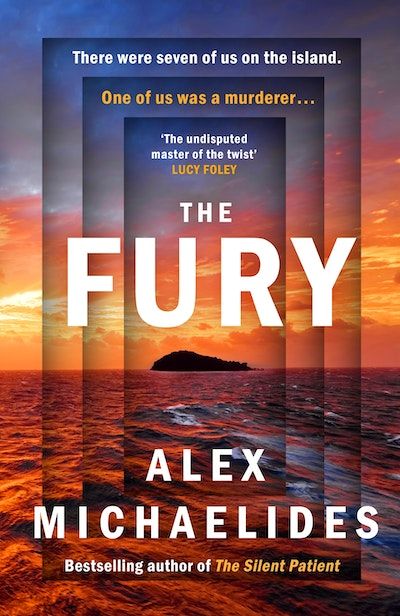 the fury by alex michaelides is shown in front of an orange sky and ocean