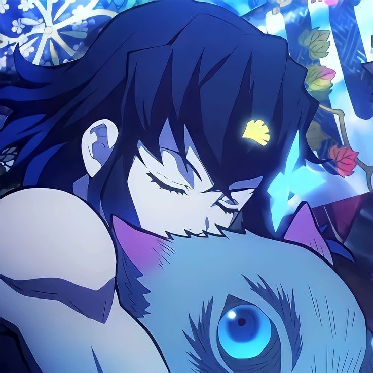 an anime character with blue eyes and long black hair hugging another character in front of snowflakes