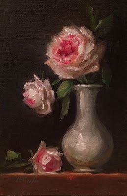 a painting of three pink roses in a white vase on a table with a black background