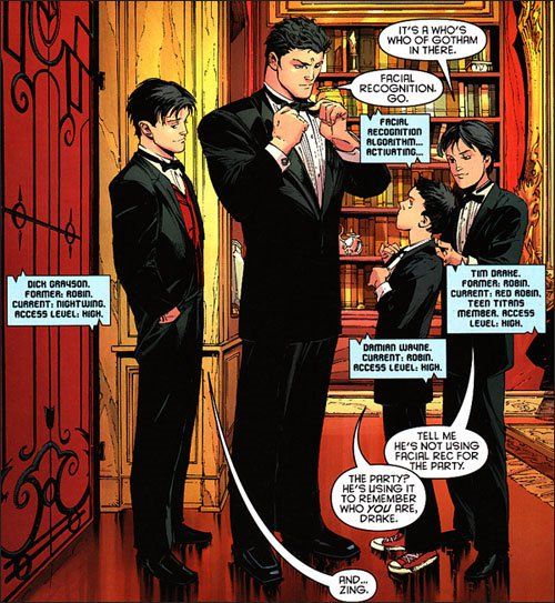 a comic book page with two men in suits talking to each other