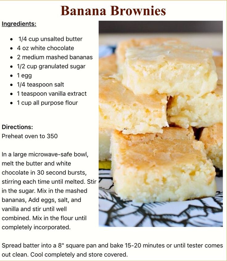 banana brownies are stacked on top of each other with information about the recipe below