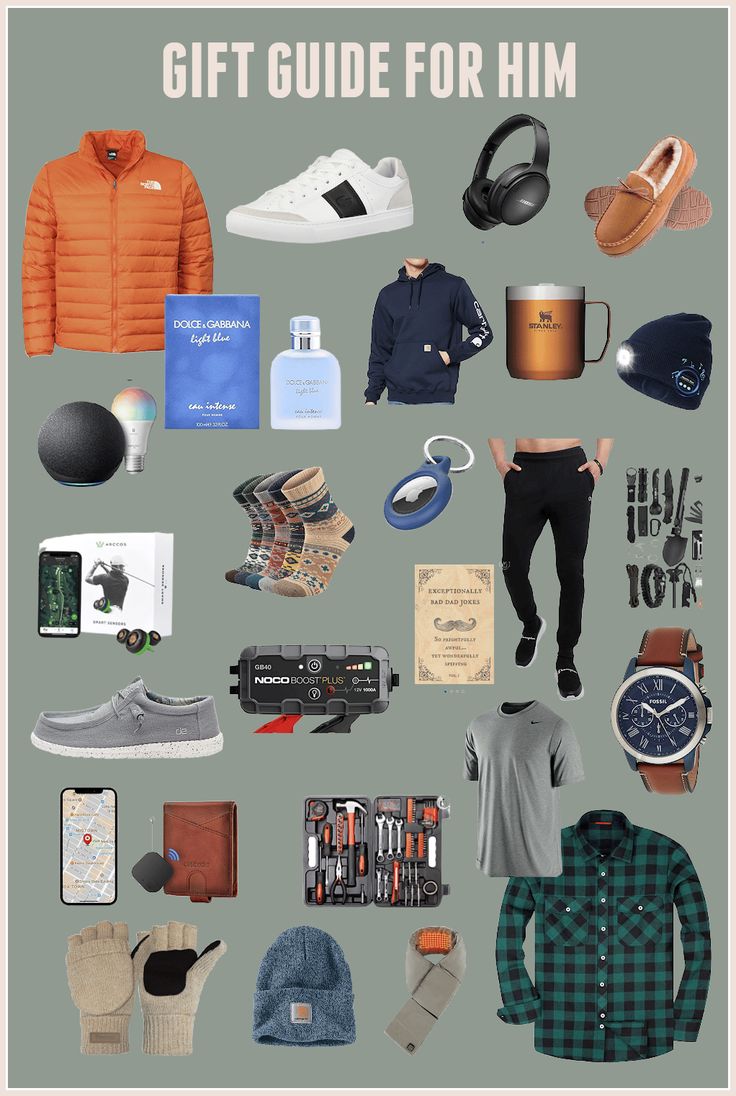 the gift guide for him is displayed on a gray background with various items and accessories