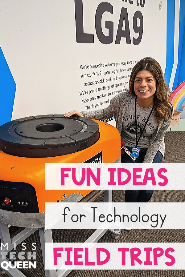 a woman standing next to an orange machine with the words fun ideas for technology field trips